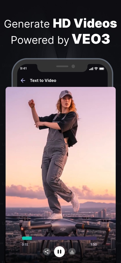 Pika Labs: AI Trend Effects - Découvrez la génération vidéo en qualité HD et l'interface de lecture minimaliste avec contrôles de partage et de téléchargement.