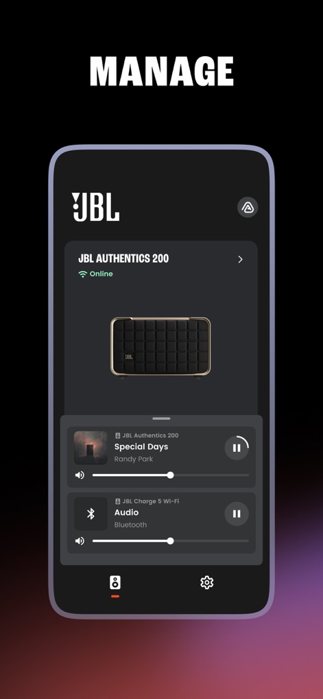 JBL One - This tool centralizes control, displaying devices like the JBL Authentics 200 and offering instant playback controls for an organized audio experience.