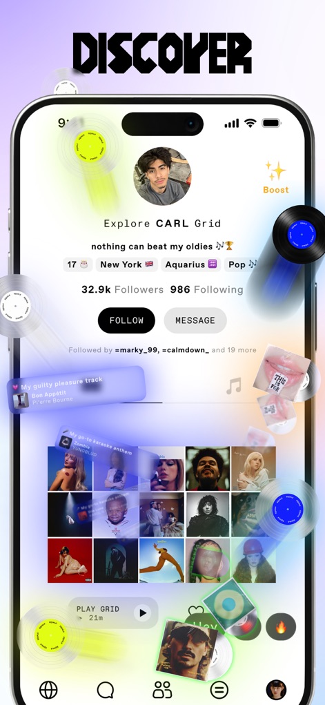 EQUALS: Make Friends via Music - Users can discover new profiles, exploring curated content like a "guilty pleasure track" and diverse music grids, while instantly connecting via "Follow" and "Message" options.