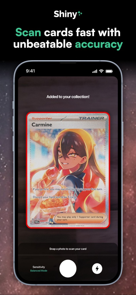 Shiny - Card Value Scanner - Witness the app's precise card value scanner in action, instantly recognizing the 'Carmine' trainer card and offering sensitivity adjustments for optimal results.