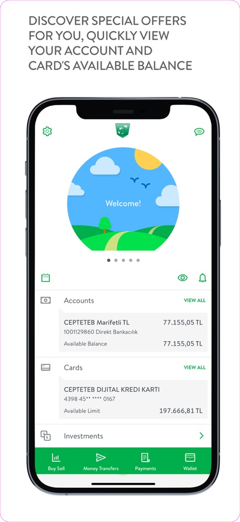 CEPTETEB - Users can instantly view their 'CEPTETEB Marifetli TL' balance and available 'Digital Credit Card' limit from the intuitive main dashboard.