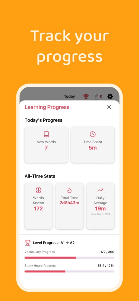Speak Spanish: Palteca - Users can easily "Track your progress" with a comprehensive dashboard that displays "Today's Progress" metrics and "All-Time Stats" for a holistic view of their learning journey.