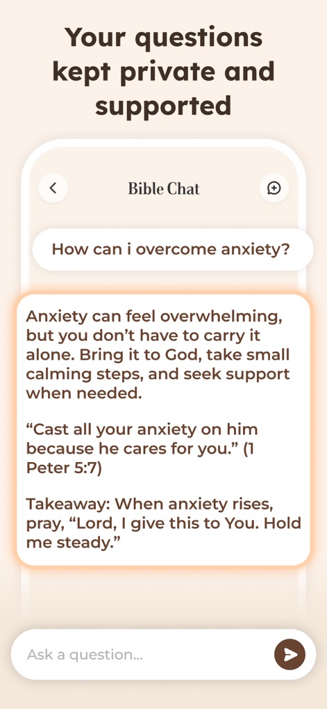 BibleCare:Verses,Prayers&Chat - Users can interact with the AI Spiritual Chat, asking personal questions and receiving supportive, verse-backed responses.