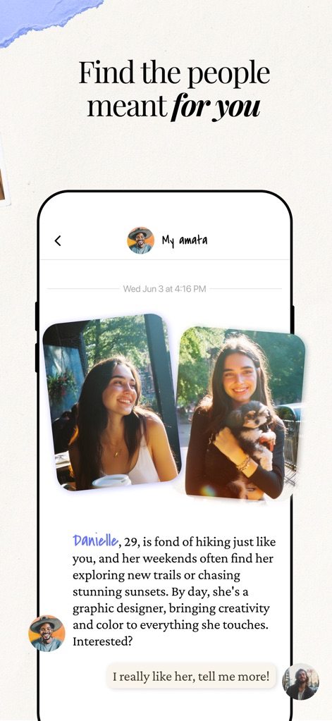 Amata: Matchmaking Club - The app's interface presents a detailed profile introduction, featuring the user's photos and a personalized description like "Danielle, 29, is fond of hiking", alongside an interactive chat prompt.