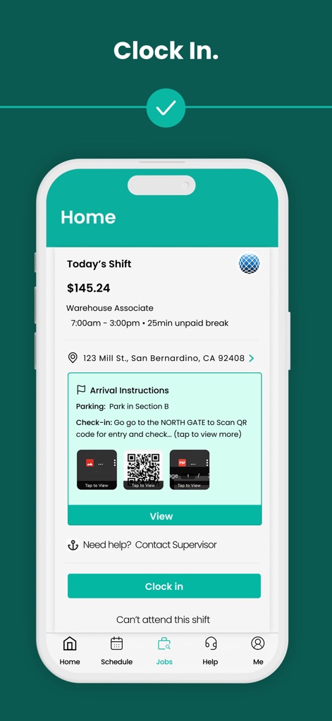 WorkWhile - La herramienta proporciona instrucciones de llegada precisas y códigos QR escaneables para el check-in, simplificando el proceso de inicio de cada turno.