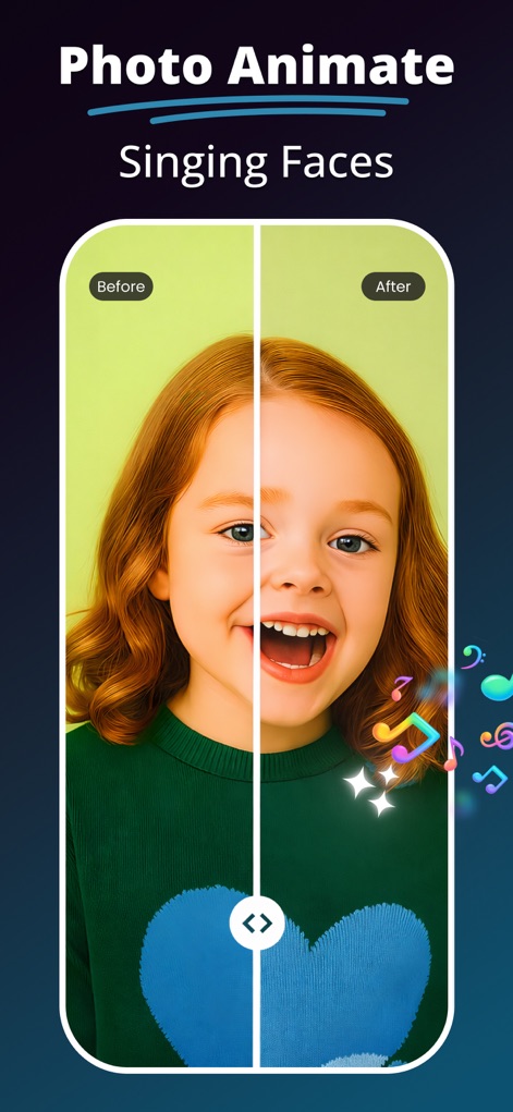 MePic－AI Photo Video Generator - The app brings still photos to life with a singing face animation, clearly displayed through an interactive before-and-after slider comparison.