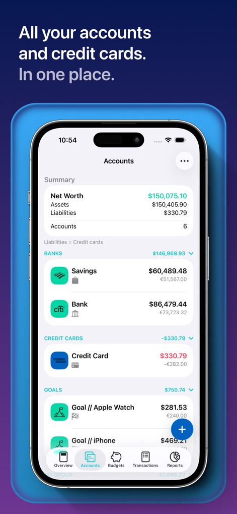 MoneyCoach: Budget Planner - Users benefit from a consolidated view of their net worth, encompassing all bank accounts, savings, and credit cards in one central location.