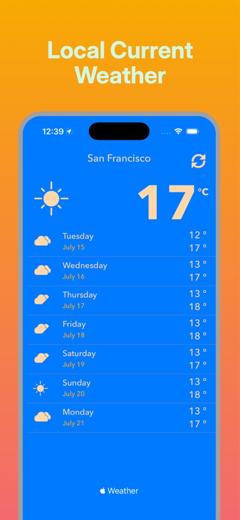 Thunderstorm-Local Weather - L'application détecte automatiquement la localisation (San Francisco) pour fournir la température actuelle de 17°C, assurant une information ultra-locale.
