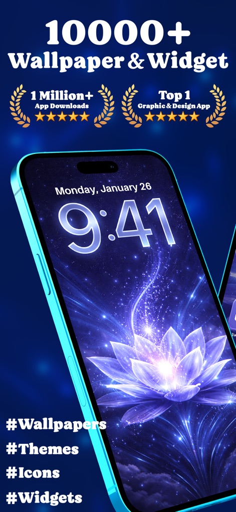 10000+ Wallpapers & Themes - The app's main screen showcases its immense popularity with '1 Million+ App Downloads' and introduces comprehensive customization options for lock screens and widgets.