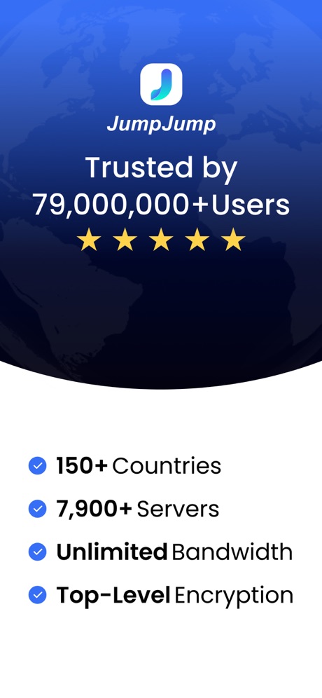 JumpJumpVPN: Fast & Secure App Store screenshot 1, headline “Trusted by 79,000,000+Users”. Star rating shown.