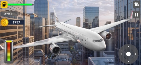 Pilot Simulator Plane Games - Se aprecia una perspectiva aérea urbana, con un diseño del avión elegante que surca los cielos sobre una metrópolis moderna.
