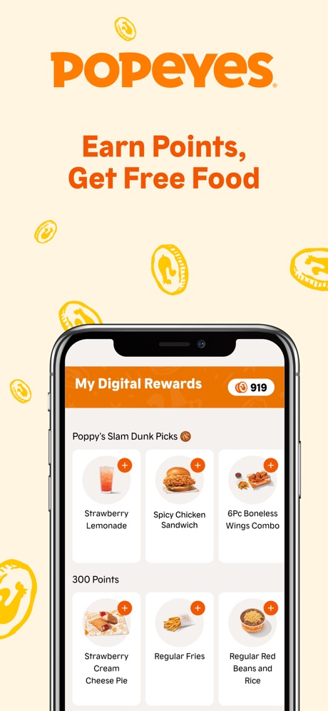Popeyes® Chicken App Store screenshot 1, headline “Earn Points, Get Free Food”. Pattern or texture.