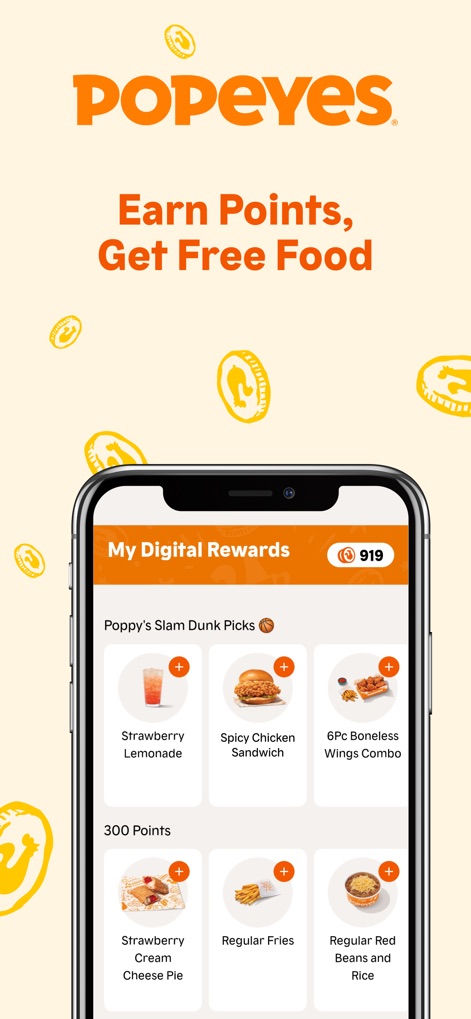 Popeyes® - Users can easily track their accumulated "919" points balance and redeem them for exciting items displayed under "Poppy's Slam Dunk Picks" within the app's rewards interface.