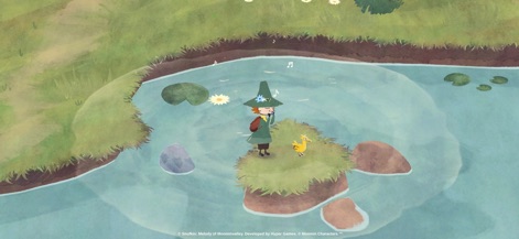Snufkin Melody of Moominvalley - Snufkin toca sua harmônica em uma pequena ilha no centro de um lago tranquilo, acompanhado por um pássaro amarelo e cercado por nenúfares flutuantes.