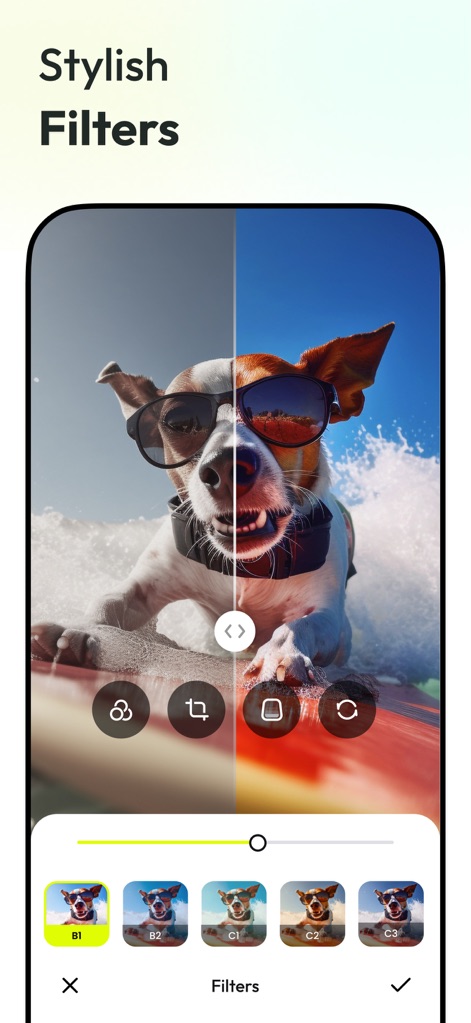 AnyEraser: Remove Objects AI - Users can enhance photos with a variety of "Stylish Filters," as shown by the "Before" and "After" filter application and multiple filter thumbnails.