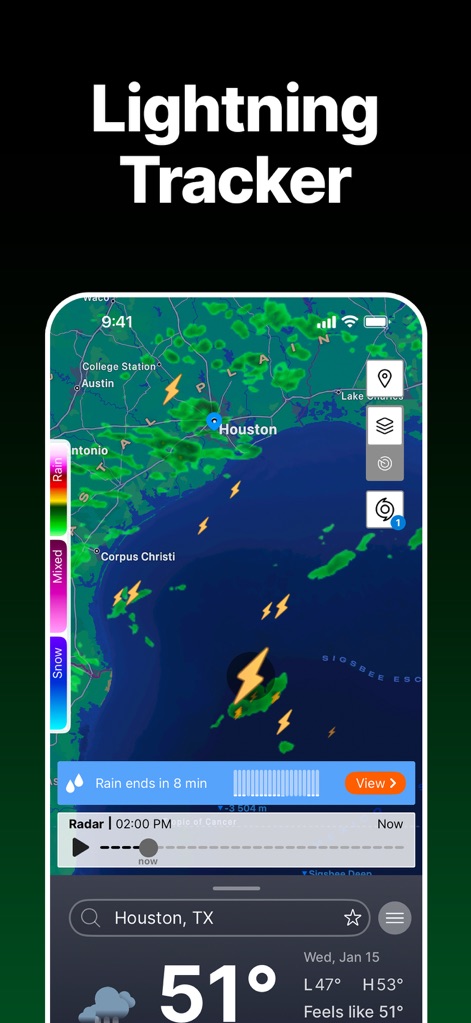 SKAI - NOAA Weather Radar - The app tracks severe weather by displaying recent lightning strikes across a regional map and providing real-time precipitation updates.