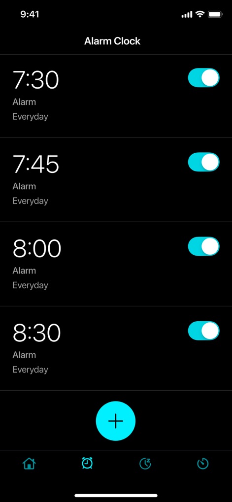 Smart Alarm Clock - Waking Up - The app offers streamlined alarm setup with everyday repetition options and a clear plus button for adding new alarms.