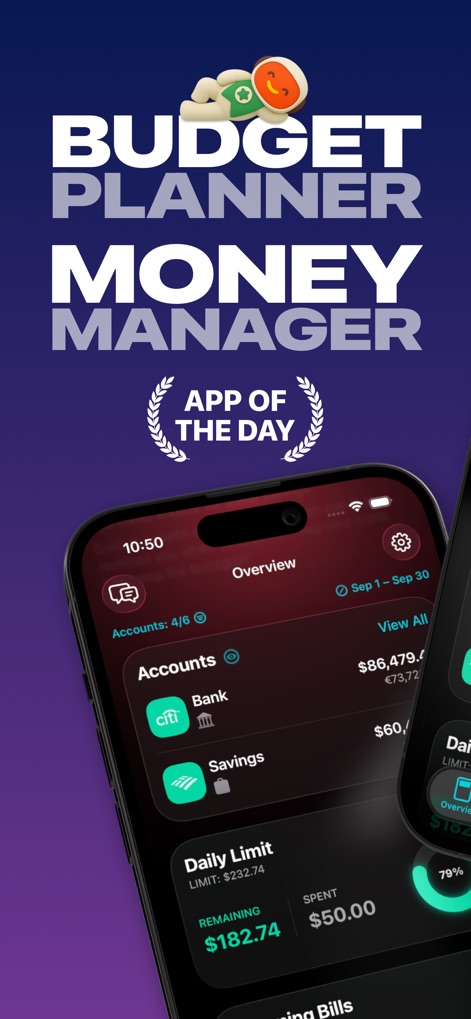 MoneyCoach: Budget Planner - Users can instantly view their account balances and track daily spending limits right from the app's comprehensive overview screen.