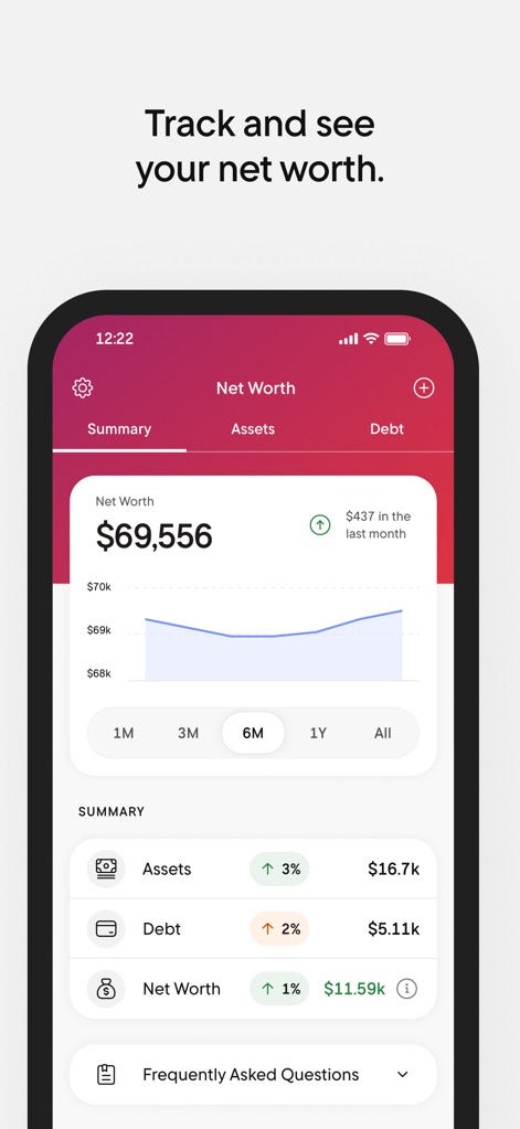 Rocket Money - Bills & Budgets - The tool offers robust net worth tracking, displaying a current financial value and a historical trend graph, alongside detailed summaries of assets and debt.