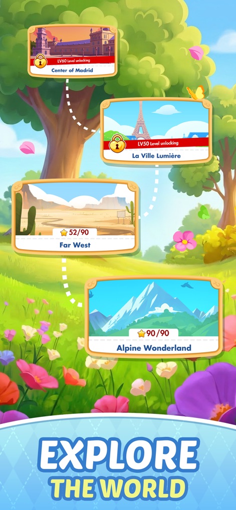 Phase 10: Casual Card Game - La interfaz muestra un mapa de progreso con diferentes destinos temáticos, como "Far West" y "Alpine Wonderland", invitando a los usuarios a "Explore The World" a través del juego.