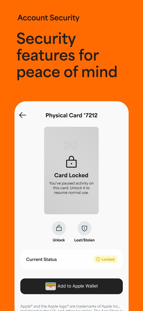 Netspend - 이 스크린샷은 사용자가 물리적 카드를 잠금 처리하여 보안을 강화할 수 있음을 보여주며, '카드 잠김' 상태와 '잠금 해제' 및 '분실/도난 신고'와 같은 즉각적인 조치 옵션을 제공합니다.