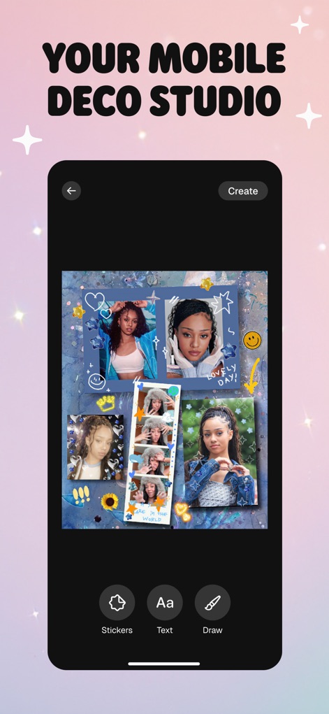 Moshicam Photo Editor & Frames - Explore o estúdio de edição do aplicativo, onde os usuários podem combinar fotos em colagens criativas e adicionar diversos adesivos, como corações e estrelas brilhantes, para personalizar suas criações.