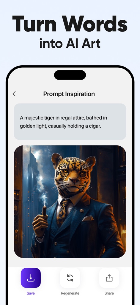 Unblur - AI Photo Enhancer - Os usuários podem criar arte a partir de texto, como ilustrado pelo prompt textual gerando uma imagem detalhada de um tigre em traje realístico fumando um charuto. O prompt de texto e a arte resultante demonstram a capacidade criativa da IA.