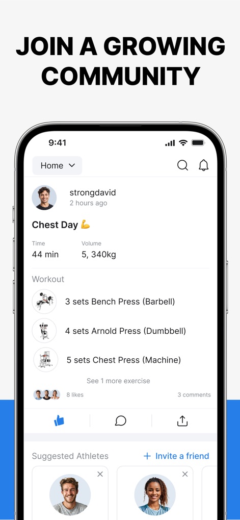 Hevy - Workout Tracker Gym Log - Witness the social integration features, showcasing a friend's shared "Chest Day" workout and suggestions for connecting with "Suggested Athletes."