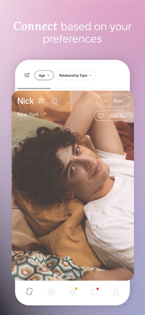 Chyrpe: Female-Led Dating - ユーザーは「Age」と「Relationship Type」のフィルターを活用して、ニューヨーク在住の「Nick」のようなプロフィールを閲覧し、自身の好みに基づいて理想の相手と繋がることができます。