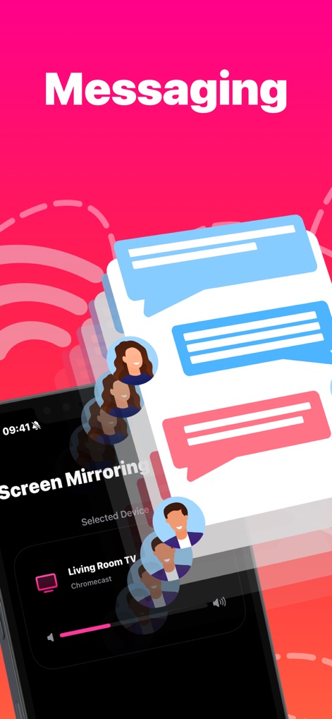 Replica・Screen Mirroring・Cast - Witness the ability to share messaging app content, represented by chat bubbles, directly to a connected 'Living Room TV' via the app's interface.