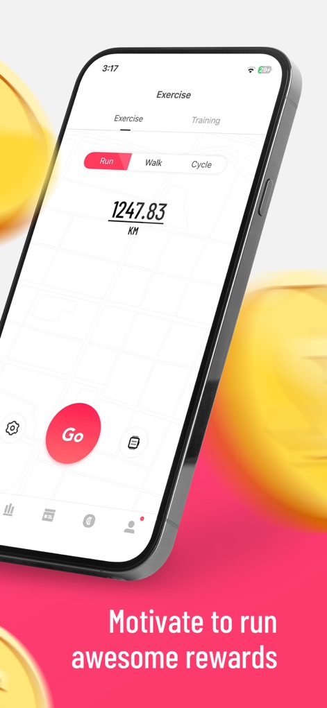 Runtopia-Reward RunningTracker - Users can effortlessly select their desired activity type from options like 'Run', 'Walk', or 'Cycle', and initiate tracking with the prominent 'Go' button.