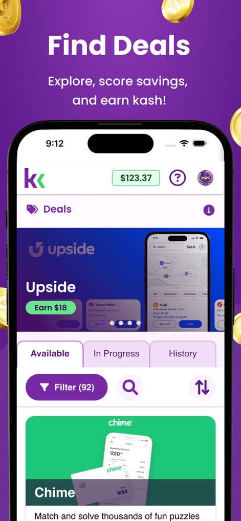 KashKick: Get paid to have fun - Navigate the diverse deals section, from high-value offers like "Upside" to powerful filtering and search capabilities.
