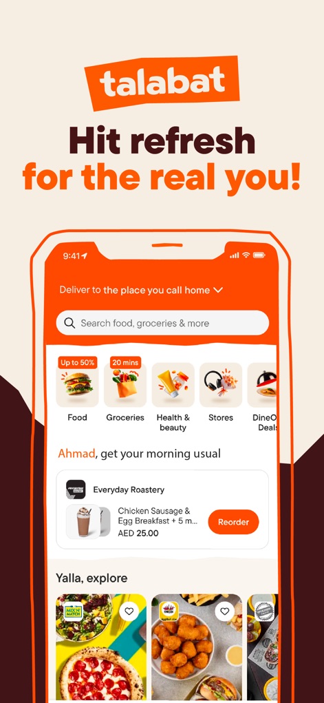 talabat: Food, grocery & more - L'application talabat offre un écran d'accueil intuitif, présentant des catégories de services claires et une option 'Reorder' pour la commande rapide des favoris des utilisateurs.