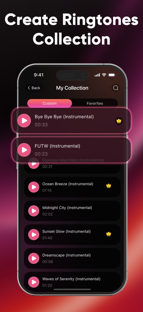 Ringtones Maker & Wallpapers - Los usuarios pueden gestionar su biblioteca personal de ringtones, donde las creaciones 'Custom' y los elementos 'Premium' se identifican con claridad.