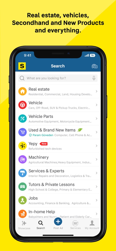 sahibinden #AlSatKiralaKesfet - O aplicativo oferece uma tela inicial abrangente com diversas categorias organizadas, permitindo aos usuários pesquisar por "Real Estate" e "Used & Brand New Items" facilmente.