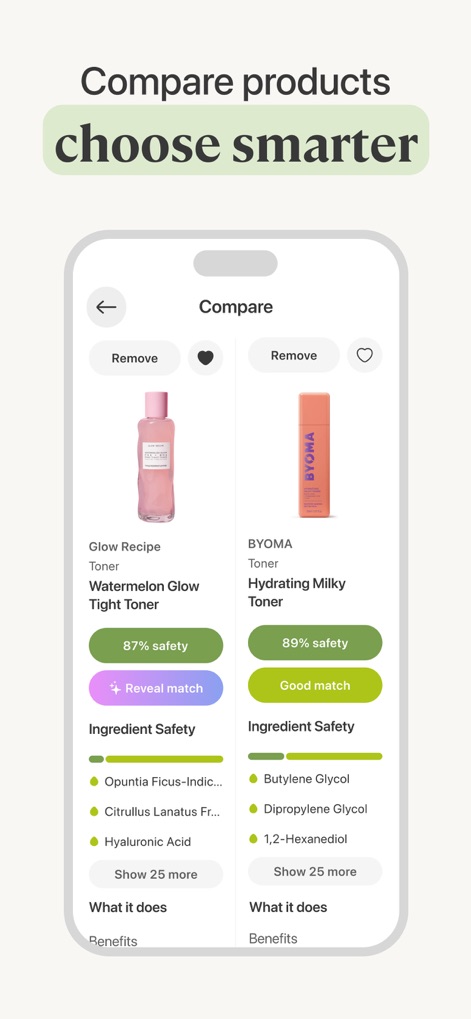 Lumi: The Skincare Scanner - Die App ermöglicht den direkten Vergleich von zwei Produkten, zeigt unterschiedliche Sicherheitsbewertungen wie 87% und 89% auf und bietet eine schnelle Einschätzung wie "Reveal match" oder "Good match".