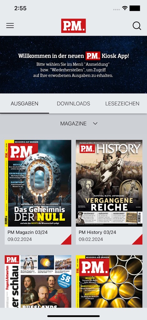 PM Magazin - 이 앱은 사용자가 'P.M. Magazin', 'P.M. History' 등 다양한 매거진 커버를 한눈에 볼 수 있도록 직관적인 인터페이스를 제공하며, 'AUSGABEN' 탭을 통해 간편하게 원하는 잡지를 선택할 수 있습니다.