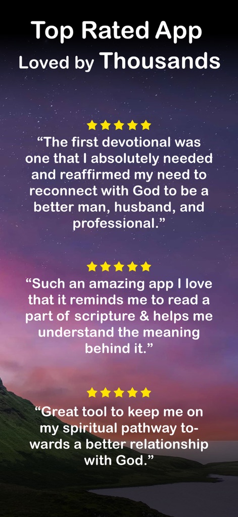 Daily Bread Devotional for Men - La popularité de l'application est démontrée par des évaluations "5 étoiles" et des témoignages d'utilisateurs qui décrivent son impact positif sur leur foi.