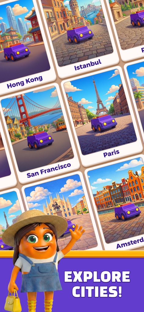Loop Sort - Journey through various captivating city-themed levels, each represented by a unique destination card and featuring the iconic purple truck.