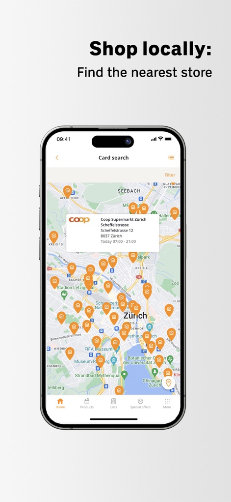 Coop supermarket - Die App hilft Nutzern, nahegelegene Coop Filialen über eine interaktive Karte zu finden und zeigt detaillierte Informationen wie die Adresse und Öffnungszeiten an.