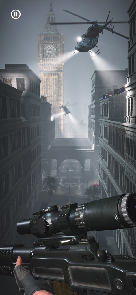 Sniper Agent: Offline Shooter - This tool offers diverse battlegrounds, showcasing iconic landmarks and dramatic weather effects like heavy fog.