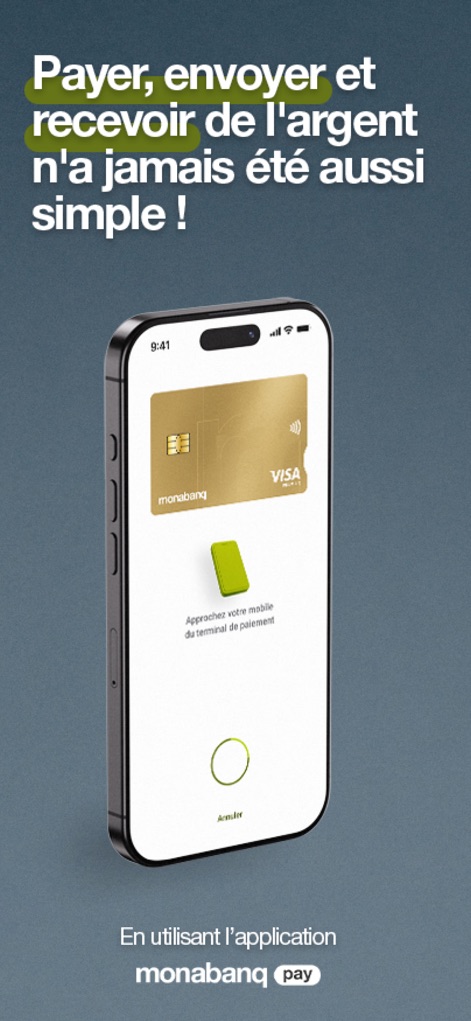 Monabanq - Banque en ligne - Witness the simplicity of contactless payments, showcasing the digital Monabanq Visa card and the clear instructions for using Monabanq Pay at terminals.