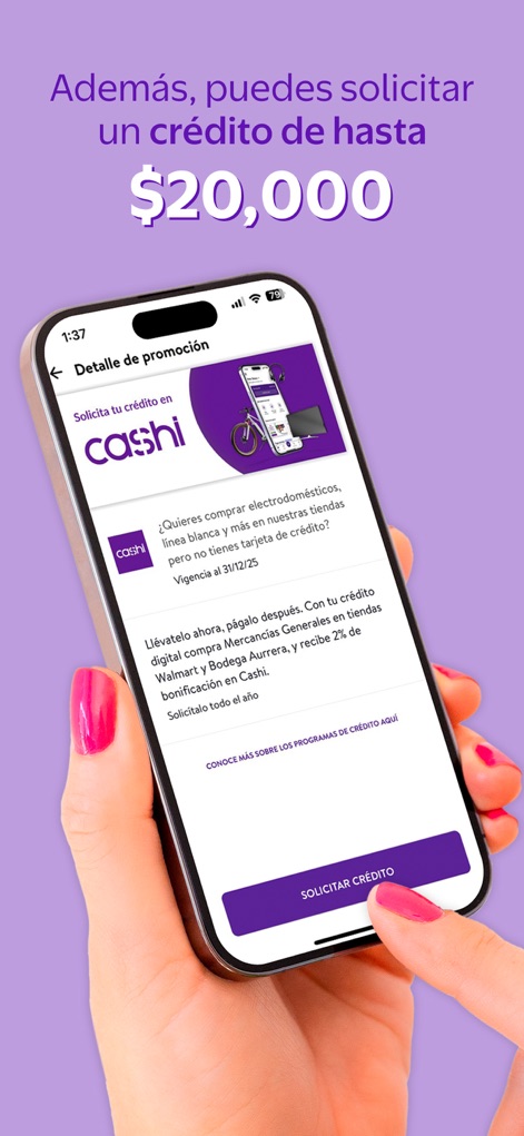 Cashi - La promoción de crédito destaca la posibilidad de obtener "hasta $20,000" e incluye un botón prominente "SOLICITAR CRÉDITO", facilitando el acceso a financiamiento.
