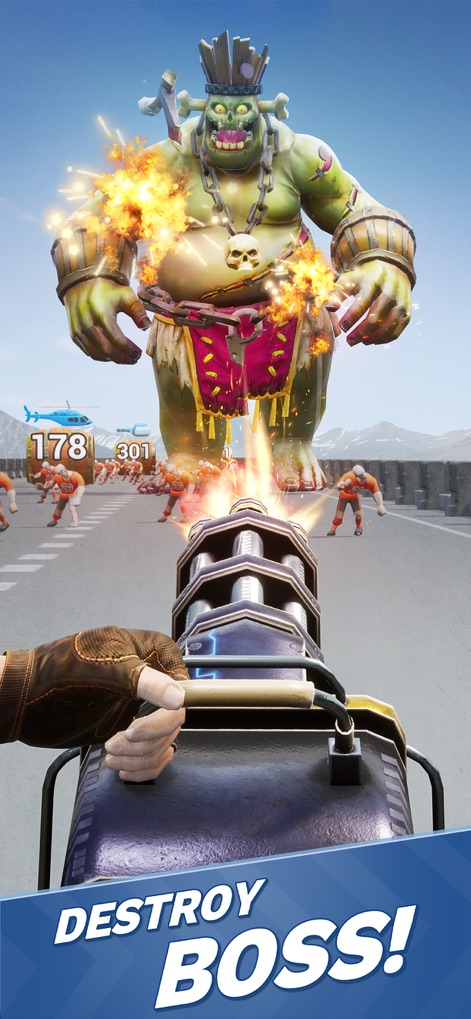 Zombie Waves-shooting game - Experience the app's thrilling boss battles, featuring a gargantuan mutant boss and explosive, close-quarters minigun combat.