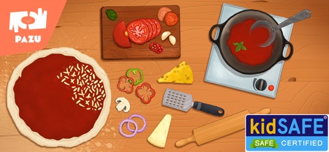 Pizza maker cooking games - L'application permet de découvrir l'étape initiale de la fabrication de la pizza, en montrant la base de pâte avec la sauce et le fromage, et les légumes frais préparés comme les tomates tranchées et les poivrons colorés.