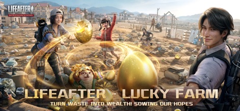 LifeAfter - La aplicación destaca una economía de recursos post-apocalíptica, mostrando personajes interactuando con misteriosos huevos dorados y el contraste de un entorno desolado con elementos de esperanza y abundancia.