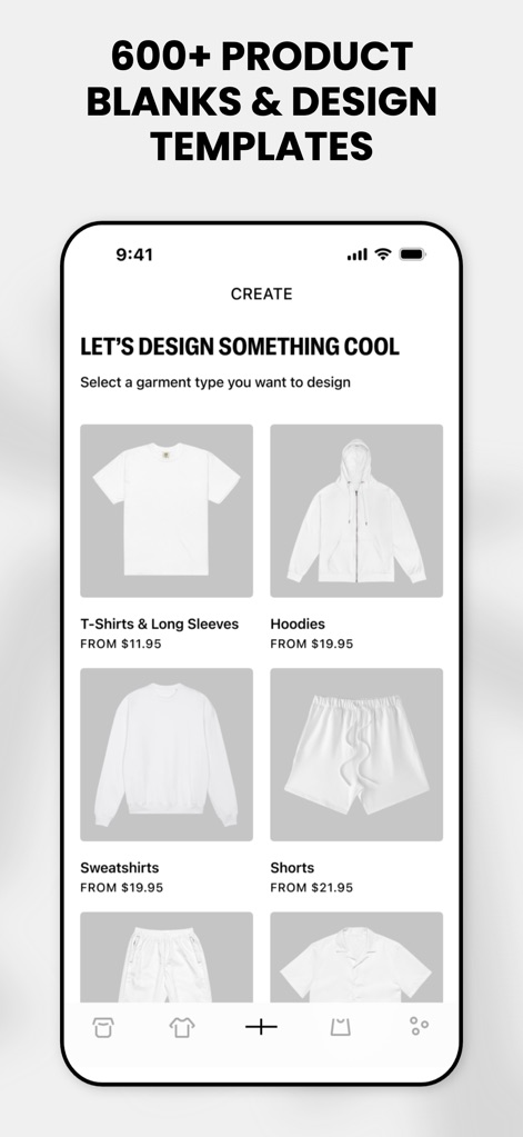 FLYP - Fashion Design Studio - The app showcases its extensive selection of over '600 product blanks', offering diverse garment types such as t-shirts and hoodies for personalized designs.