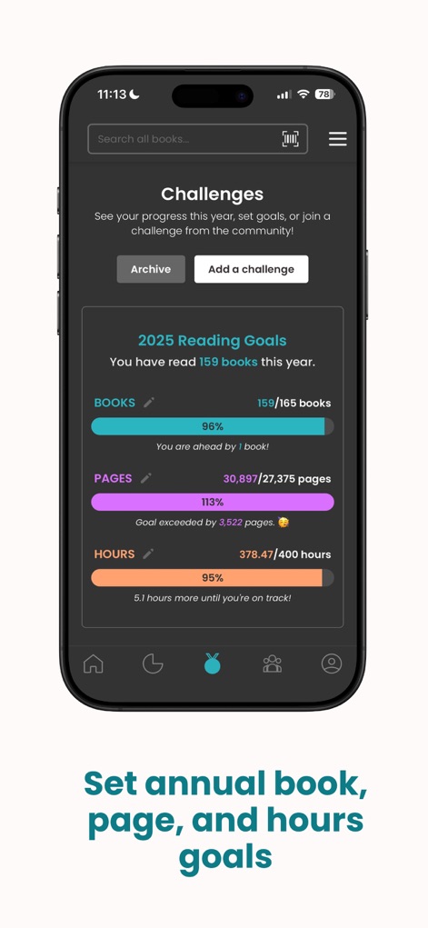 StoryGraph: Reading Tracker - Los usuarios pueden establecer y seguir metas anuales de lectura, visualizando las barras de progreso de metas anuales para libros, páginas y horas, y los detalles de páginas y horas restantes para alcanzar objetivos.