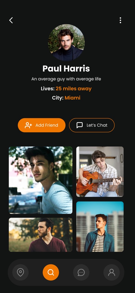 Holla App Me - La vista de perfil de usuario presenta una imagen principal prominente y detalles personales como el nombre y la ciudad de residencia, junto con opciones directas para 'Add Friend' o 'Let's Chat', promoviendo la interacción social.