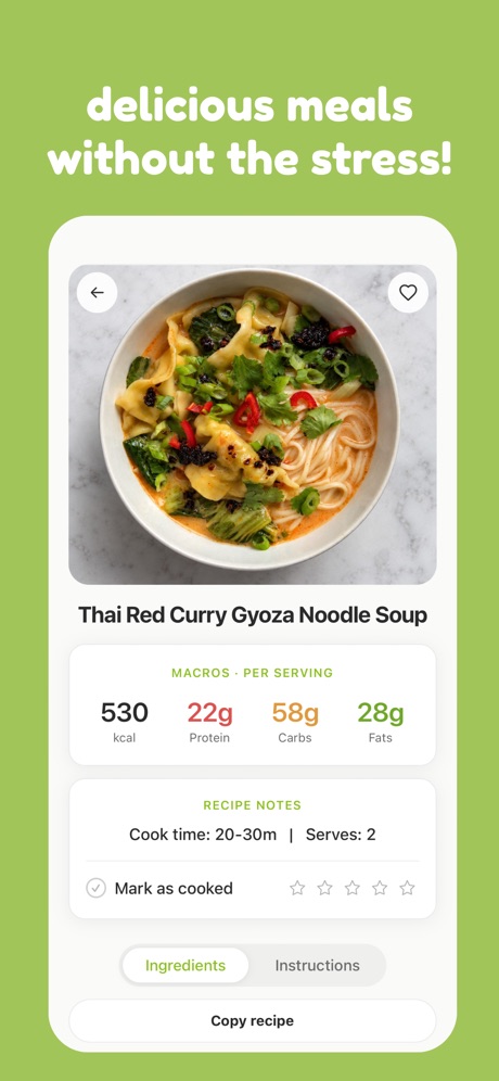 mise - meal planner App Store screenshot 2, headline “delicious meals without the stress!”. Leads with an outcome.